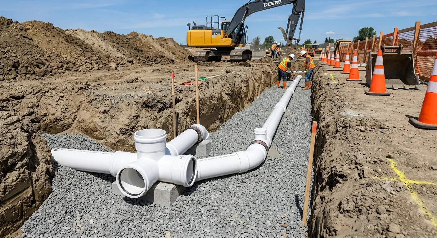 New PVC sewer pipe installation in open trench for Commercial Drain Cleaning in Fruitvale