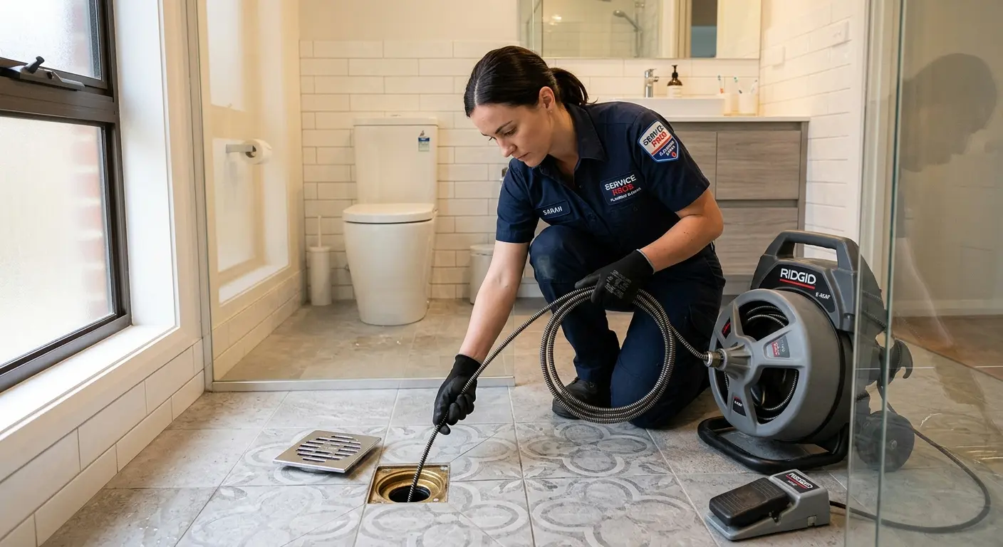 Technician clearing a bathroom floor drain for Hydro Jetting in Fruitvale